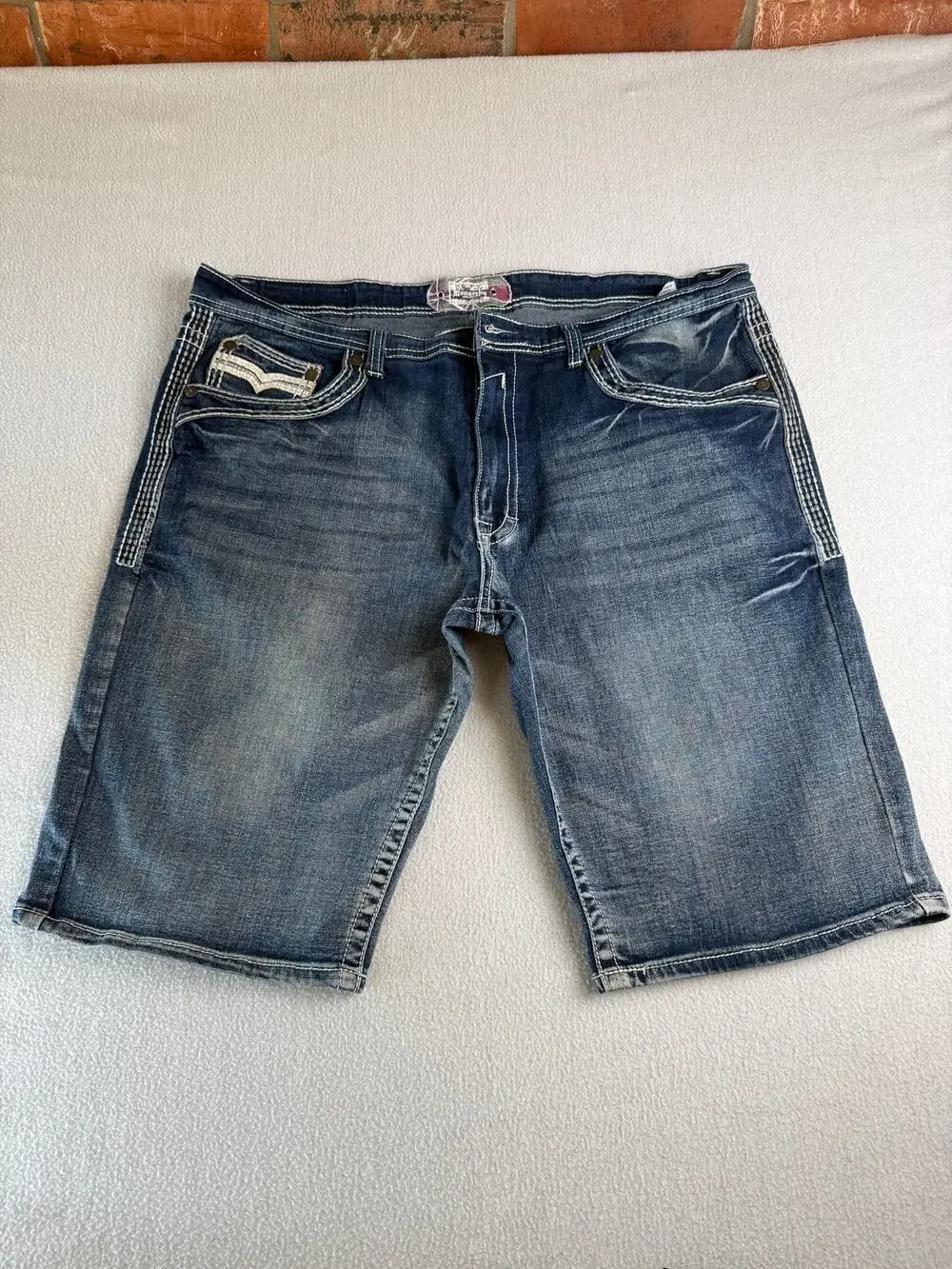 Monarchy Collection Men’s Size 40 Blue Denim Long Shorts Embroidered Distressed